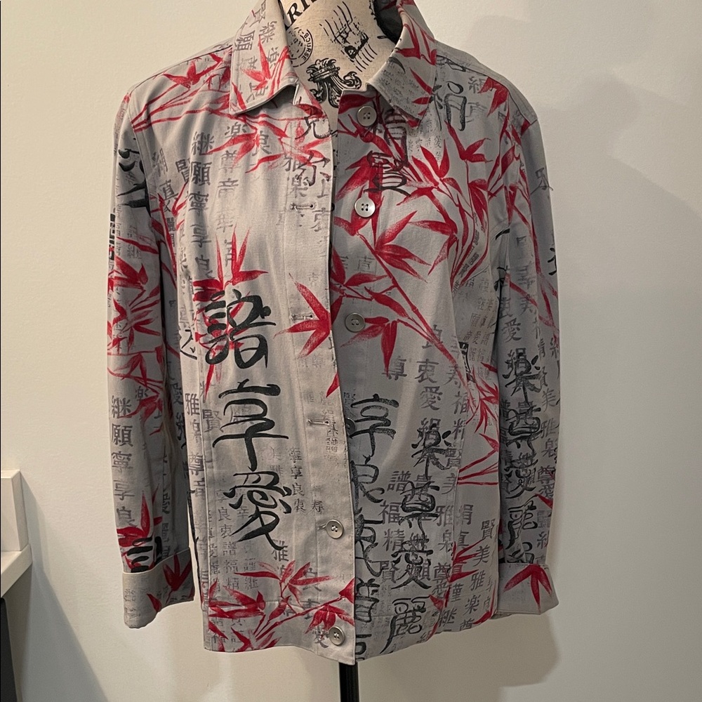 Chico’s Gray and Red Graphic Button-Up Light Jacket Size 2